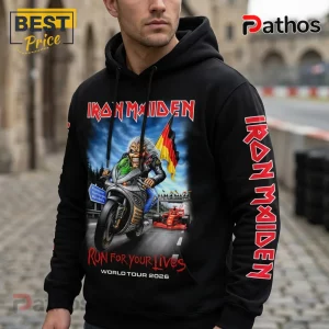 Black hooded sweatshirt with Iron Maiden Run For Your Lives 2026 graphic of Eddie on a motorcycle with German flag.!