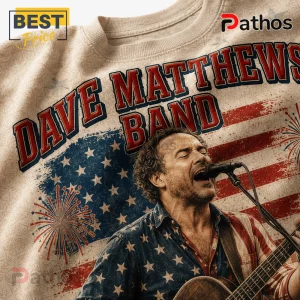 Dave Matthews Band vintage-style crewneck sweatshirt featuring a graphic of Dave Matthews, US flag, and fireworks.!