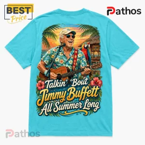 Turquoise t-shirt featuring Jimmy Buffett playing guitar with a parrot, palm trees, and text Talkin' Bout Jimmy Buffett.!
