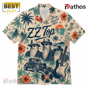 Beige button-down shirt featuring ZZ Top band members, a hot rod car, electric guitar, and tropical hibiscus flowers.!