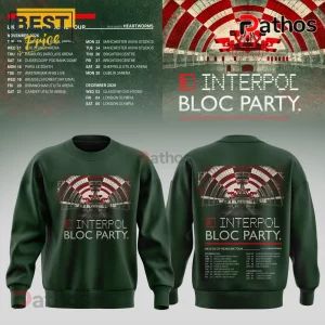 Interpol x Bloc Party UK EU Tour 2026 Dark Green Hoodie 5 Dark green crewneck sweatshirt featuring Interpol and Bloc Party UK and EU 2026 tour dates and concert venue graphics.!