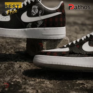 Post Malone Black Plaid Rockstar Edition Air Force 1 Sneakers 2 Custom Nike Air Force 1 sneakers featuring a Post Malone portrait, red plaid pattern, and black barbed wire graphic overlay.!