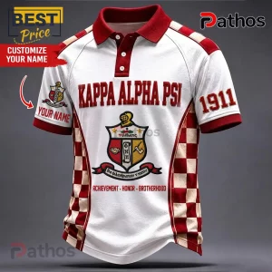 Kappa Alpha Psi polo shirt in white and crimson with checkered side panels, crest logo, and 1911 text on the sleeve.!