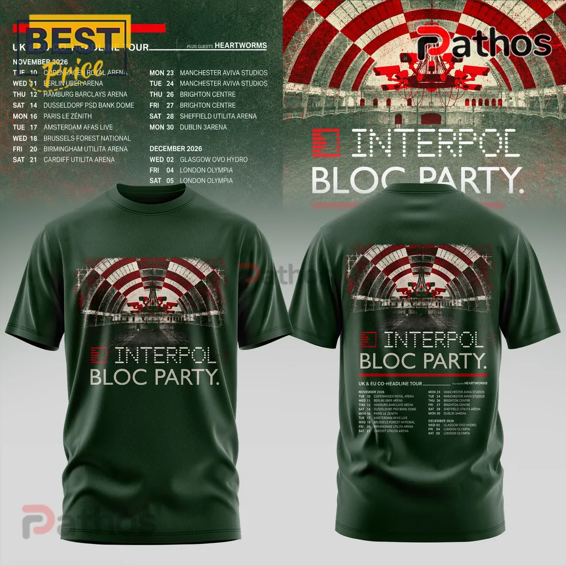 Interpol x Bloc Party UK EU Tour 2026 Dark Green Hoodie Interpol x Bloc Party UK EU Tour 2026 Dark Green Hoodie