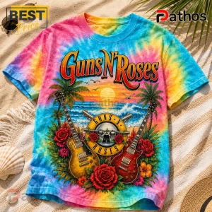 Guns N Roses ood Days Summer Tie Dye T-Shirt 1 Guns N' Roses tie-dye t-shirt featuring tropical beach scene, electric guitars, red roses, and band logo on sandy background.!