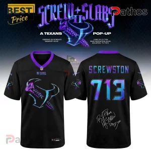 Black Houston Texans football jersey with purple and blue iridescent Screwston 713 graphics and DJ Screw tribute signature.!