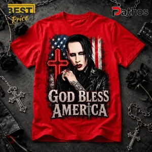 Marilyn Manson God Bless America Red T-Shirt 1 Bright red cotton t-shirt featuring Marilyn Manson graphic with American flag background and God Bless America text.!