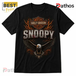 Black cotton t-shirt featuring a Harley-Davidson logo, the word SNOOPY in metallic font, and a bald eagle with orange flames.!