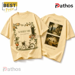 Pastel yellow cotton t-shirt with front print of a bicycle and peach branches, and back print featuring Italian scenery.!