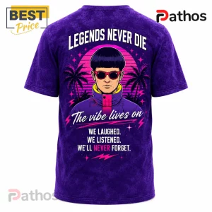 Oliver Tree In Memory Of 1993-2026 Retro Purple T-Shirt 5 Purple t-shirt featuring Oliver Tree graphic, retro 80s sunset, palm trees, and text reading Legends Never Die and The vibe lives on.!