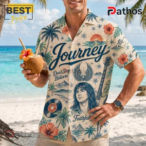Beige button-up shirt featuring Journey band graphics, guitar, tropical hibiscus, palm trees, and vintage vinyl records.!
