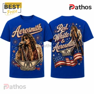 Aerosmith Red White And Blue Vintage Royal Blue Shirt 1 Aerosmith graphic t-shirt featuring Steven Tyler, blue cotton fabric, fireworks print, and American flag motif.!