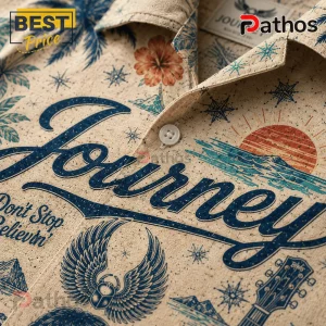 Beige button-down shirt with Journey band graphics, text Don't Stop Believin, palm trees, sun, and guitar motifs.!