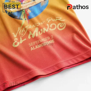 Karol G Tropitour Viajando Por El Mundo Tour Graphic T-Shirt 4 Orange to red gradient graphic t-shirt featuring text Viajando Por El Mundo, September 2, and Alamodome.!