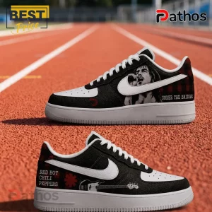 Red Hot Chili Peppers x Under The Bridge Premium Air Force 1 4 Custom Red Hot Chili Peppers sneakers featuring Anthony Kiedis, a bass guitar, and Under The Bridge text on a track surface.!