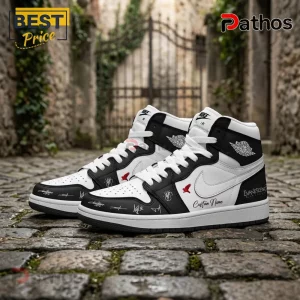 Evanescence Sanctuary 2026 World Tour Custom Air Jordan 1 High Top Sneakers 2 Custom Nike Air Jordan high-top sneakers with white and black leather panels, red bird emblem, and autograph-style graphics.!