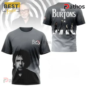 Grey Tim Burton themed t-shirt featuring a portrait on the front and a character silhouette Abbey Road print on the back.!