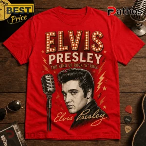 Red cotton t-shirt featuring a portrait of Elvis Presley, a vintage microphone, and the text The King of Rock 'n' Roll.!