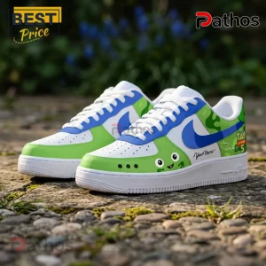 Custom white sneakers featuring Toy Story Alien green and blue color scheme with character graphics and custom name text.!