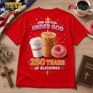 Red graphic t-shirt featuring Dunkin coffee, iced coffee, a pink frosted donut, and the text One Nation Under God.!