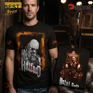 2026 Judas Priest Rob Halford Metal God Throne Shirt 2 Black cotton t-shirt featuring Rob Halford wearing sunglasses in flames with text Halford and Metal God graphic design.!