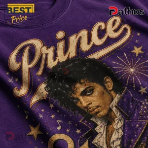 Prince Red White and Prince Retro Purple Cotton T-Shirt 6 Prince graphic t-shirt in dark purple featuring a vintage-style portrait, star patterns, musical notes, and gold lettering.!