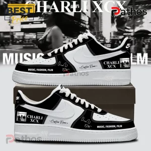 Black and white leather sneakers with Charli XCX text, music imagery, and custom name placement on a cardboard box.!
