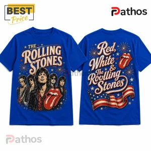 The Rolling Stones Vintage Celebration Illustrated Crewneck T-Shirt 1 Blue cotton T-shirt featuring Rolling Stones band members, tongue logo, and American flag graphics on front and back.!