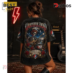 Grateful Dead Somewhere On A Road To Nowhere Cotton T-Shirt 4 Acid wash black Grateful Dead t-shirt with skeleton, roses, and VW bus graphic print on a woman in a music studio.!