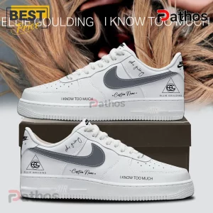 Ellie Goulding I Know Too Much Air Force 1 Sneakers 1 Custom white Nike Air Force 1 sneakers with Ellie Goulding branding, I Know Too Much text, and grey Nike swoosh logos.!
