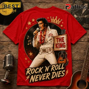 Red cotton crewneck t-shirt featuring Elvis Presley in a white jumpsuit, a vinyl record, crown, guitar, and vintage text.!