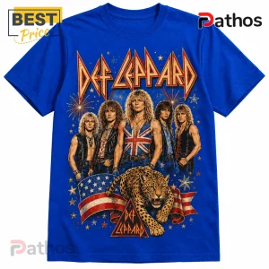 Def Leppard Vintage Rock Band Patriotic Crewneck T-Shirt 2 Royal blue t-shirt featuring a Def Leppard band graphic with members, an American flag, and a leopard illustration.!