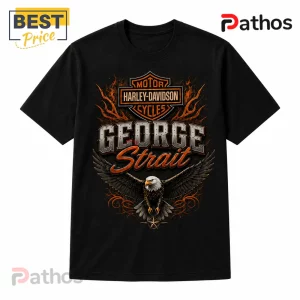 Black cotton t-shirt featuring a Harley-Davidson logo, George Strait text, and a bald eagle graphic in orange tones.!