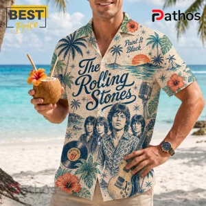 Cream-colored Rolling Stones button-down shirt featuring Mick Jagger, palm trees, hibiscus flowers, and vinyl record art.!