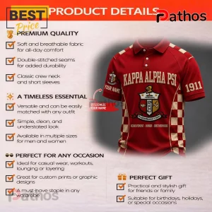 Red Kappa Alpha Psi polo shirt featuring gold checkered side panels, fraternity crest, 1911 text, and customizable sleeve.!