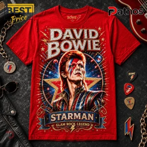 Red cotton crew neck t-shirt featuring a graphic of David Bowie as Ziggy Stardust with a blue and red lightning bolt eye.!