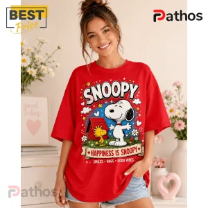 Snoopy Peanuts Happy Happiness Is Snoopy Tee Shirt 3 Red cotton crewneck t-shirt featuring Snoopy and Woodstock in front of a red doghouse with text Happiness is Snoopy.!