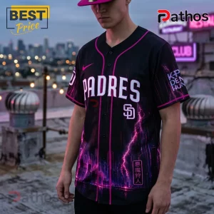 San Diego Padres baseball jersey in black with pink neon cityscape, lightning graphics, and Japanese kanji accents.!