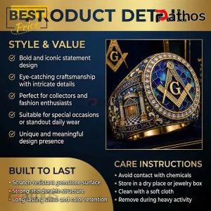 Gold Masonic ring with blue enamel, square and compass emblem, diamond accents, and Audi Vide Tace text engraving.!