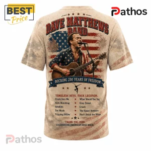 Dave Matthews Band patriotic t-shirt with graphic of Dave Matthews, American flag, and concert setlist on beige fabric.!