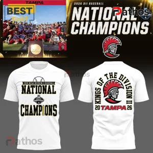 Tampa Spartans 2026 NCAA DII Baseball Champions Hoodie 4 White short-sleeve t-shirt with 2026 NCAA Division II Baseball National Champions graphic and Tampa Spartan mascot logo.!