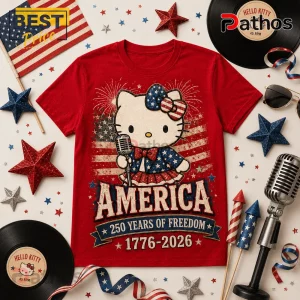 Hello Kitty x America 250 Years of Freedom 1776-2026 Patriotic T-Shirt 1 Red t-shirt featuring Hello Kitty with a vintage microphone against a US flag, text reads America 250 Years of Freedom.!