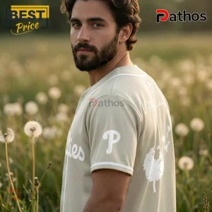 Ella Langley x Philadelphia Phillies Cream Edition Baseball Jersey 3 Man wearing a light tan Phillies baseball jersey with a white P logo and dandelion graphic in a field of dandelion flowers.!