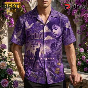 Purple Prince short-sleeve button-up shirt with doves, electric guitar, and musical artist graphic on fabric.!