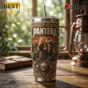Pantera Heavy Metal Band Stainless Steel Insulated 40oz Travel Tumbler 2 Pantera band embossed stainless steel tumbler with straw, featuring graphic band members, skulls, and ornate trim.!