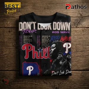 Black baseball jersey featuring Rod Wave Don't Look Down tour graphics, Philadelphia Phillies logo, and concert dates.!