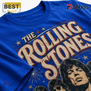 The Rolling Stones Vintage Celebration Illustrated Crewneck T-Shirt 5 Royal blue t-shirt featuring a distressed The Rolling Stones logo with band member portraits and red star accents.!