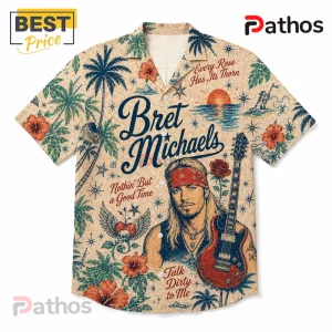 Bret Michaels Tropical Mix Hawaiian Shirt 2026 3 Bret Michaels short-sleeve button-down shirt with a tan tropical print, hibiscus flowers, palm trees, and electric guitar.!