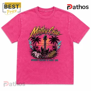 Hot pink mineral wash t-shirt featuring Motley Crue logo, electric guitar, dice, palm trees, and Sunset Static text graphic.!