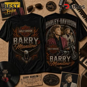 Black cotton t-shirts featuring Barry Manilow portraits, Harley-Davidson logos, flames, and eagle graphic illustrations.!
